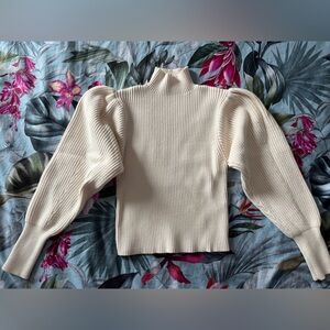 Zara Cream Ribbed Puff-Sleeve Mock Neck Sweater